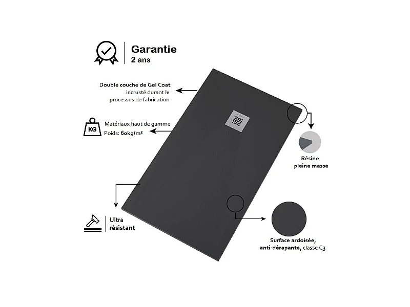 Mineralguss-Duschwanne extra flach ONDA Schieferoptik ANTHRAZIT 90x160 cm