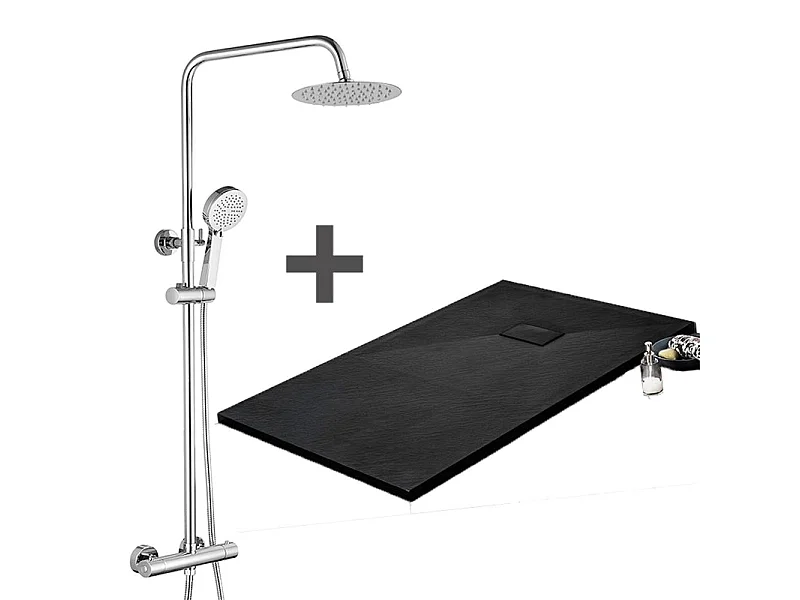 Kit Piatto doccia ultrasottile 80 x 180 cm PIATTO Nero + Colonna doccia termostatica Finitura cromata