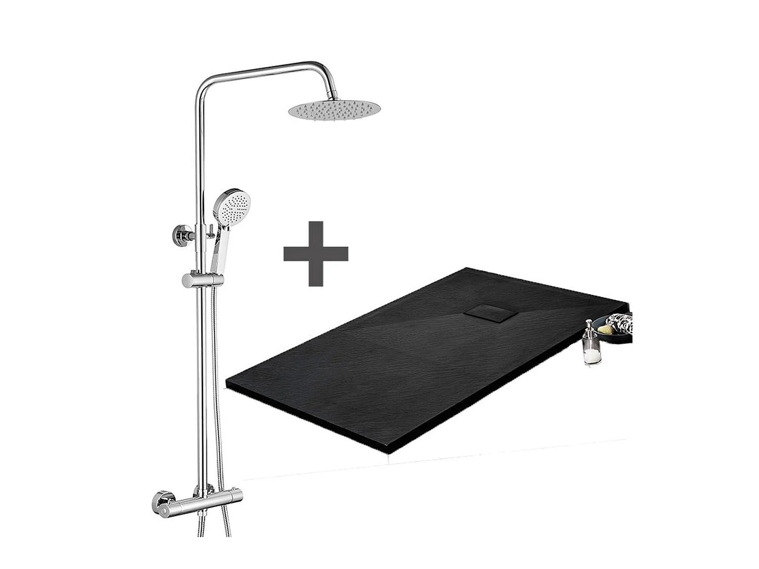 Kit Piatto doccia ultrasottile 80 x 180 cm nero PIATTO+ Colonna doccia termostatica Finitura cromata