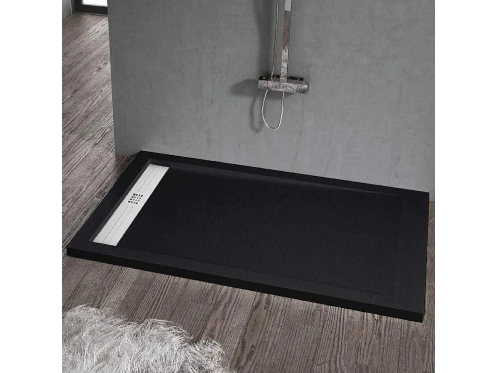 Mineralguss-Duschwanne extra flach ELITE Schieferoptik SCHWARZ 70x200cm Edelstahl in chrom