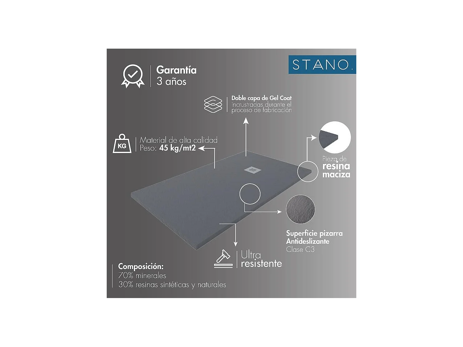 Piatto doccia ultrasottile 90 x 130 cm COSME in resina finitura ardesia antracite