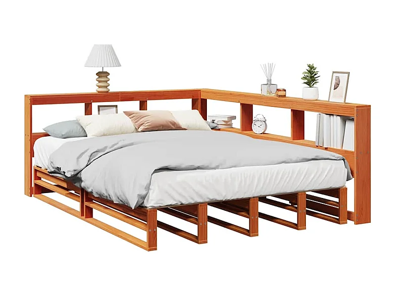 Lit bibliothèque sans matelas cire marron 135x190 cm pin massif