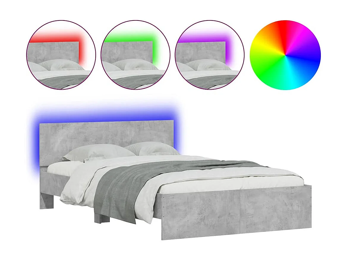 Estrutura cama cabeceira e luzes LED 135x190cm cinzento cimento