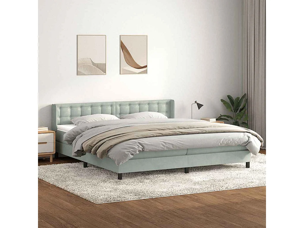 Cama box spring con colchón terciopelo gris claro 180x220 cm
