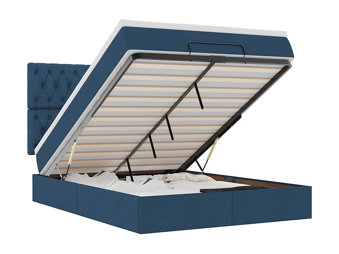 Estructura de cama otomana con colchón tela azul 140x190cm