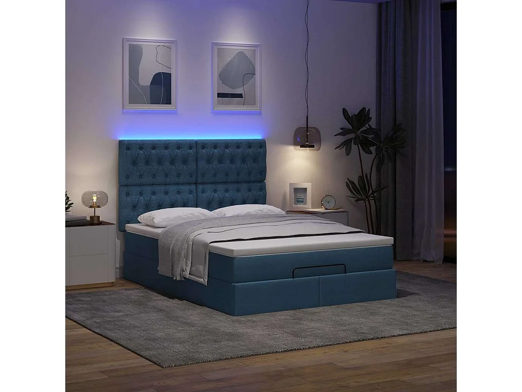 Estructura de cama otomana con colchón tela azul 140x190cm