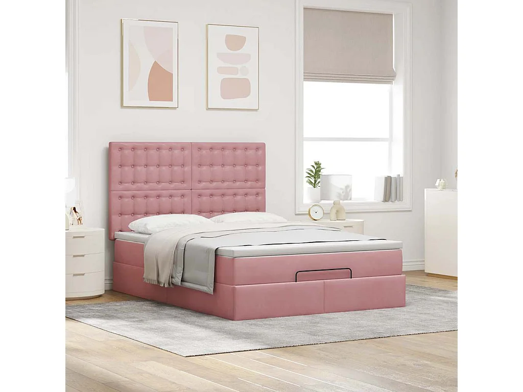 Cadre de lit ottoman avec matelas rose 140x200 cm velours