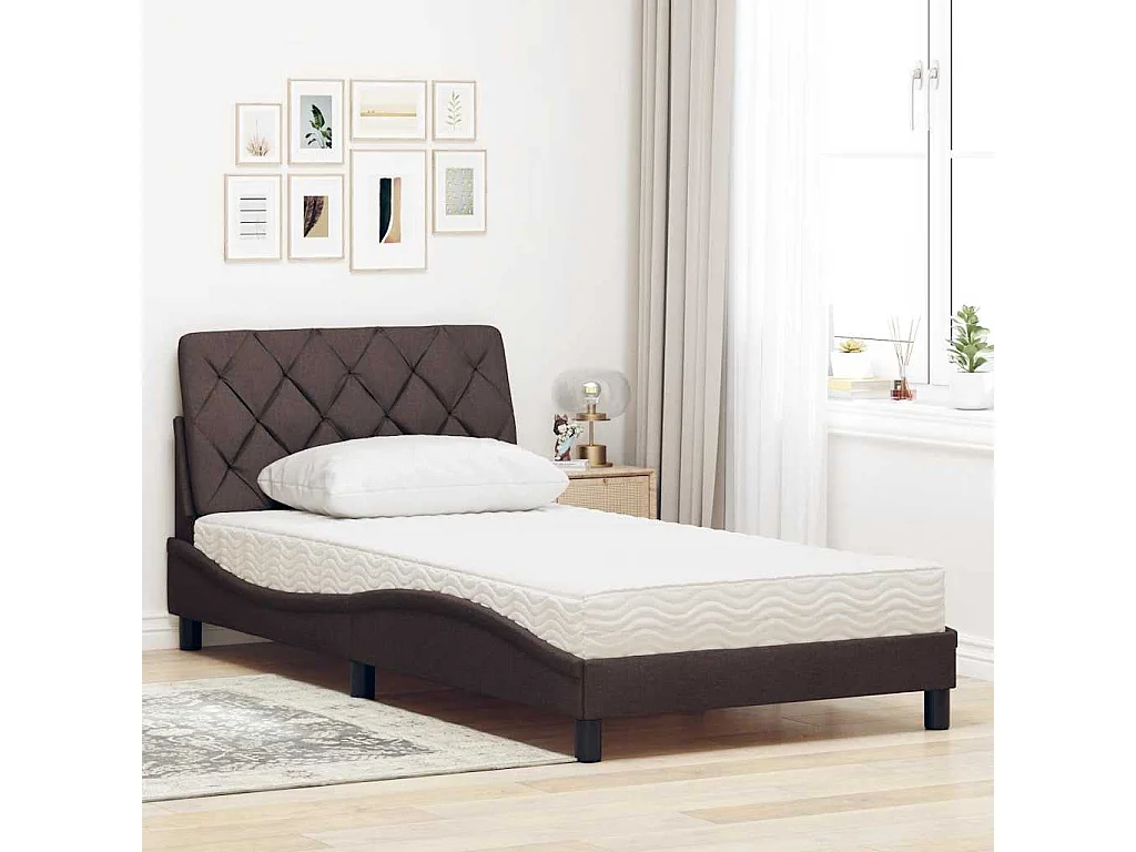 Lit avec matelas marron foncé 100x200 cm tissu