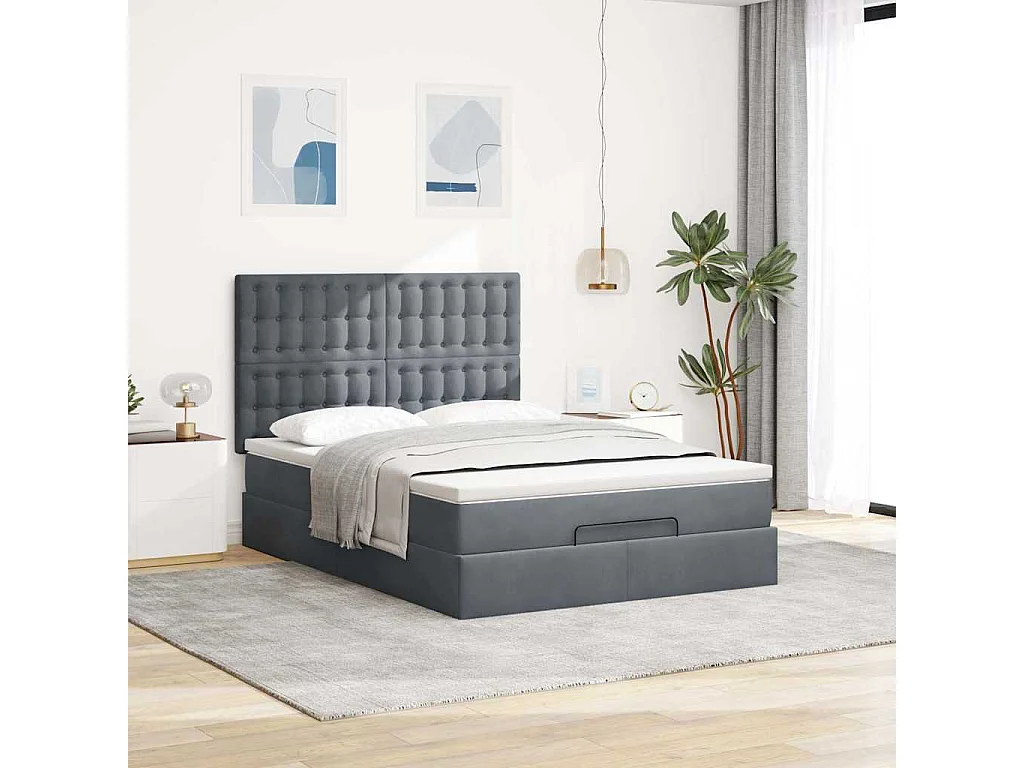 Cadre de lit ottoman avec matelas gris foncé 140x200 cm velours