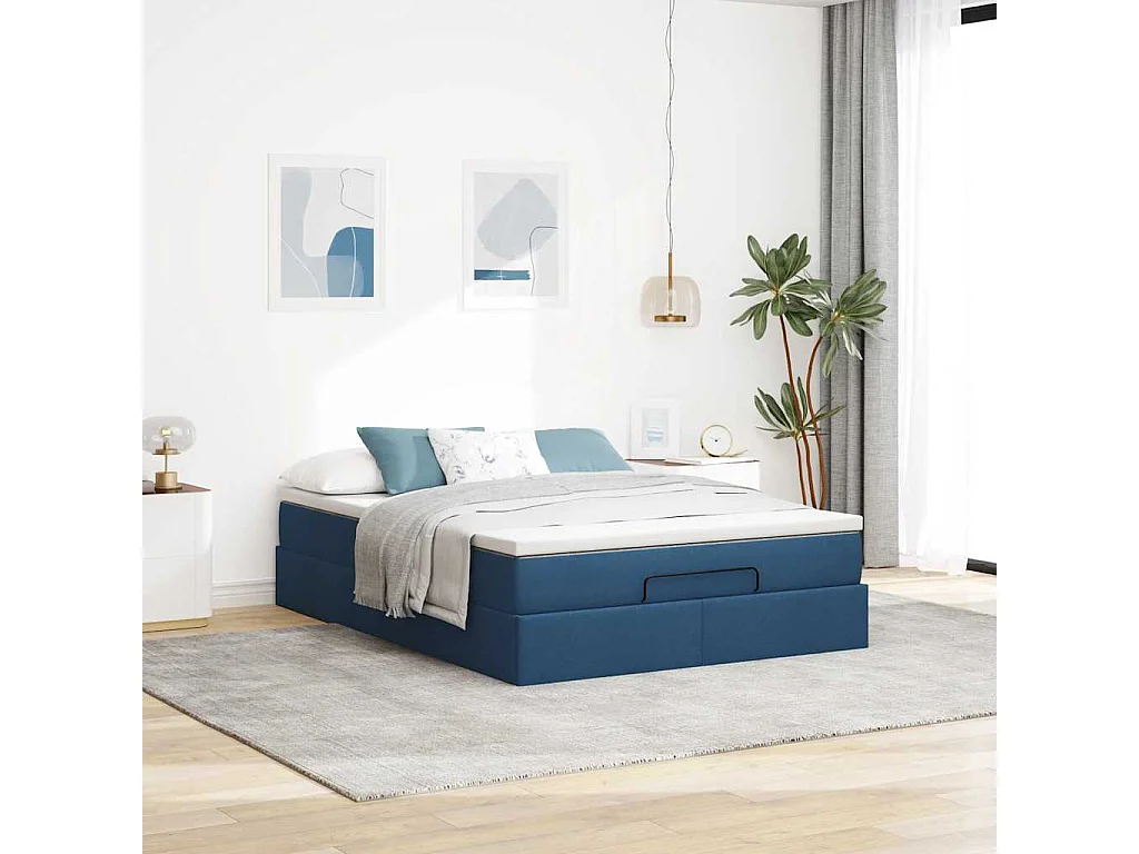 Estructura de cama otomana con colchón tela azul 140x190cm