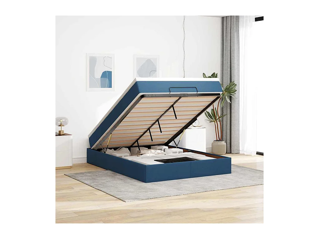 Estructura de cama otomana con colchón tela azul 140x190cm
