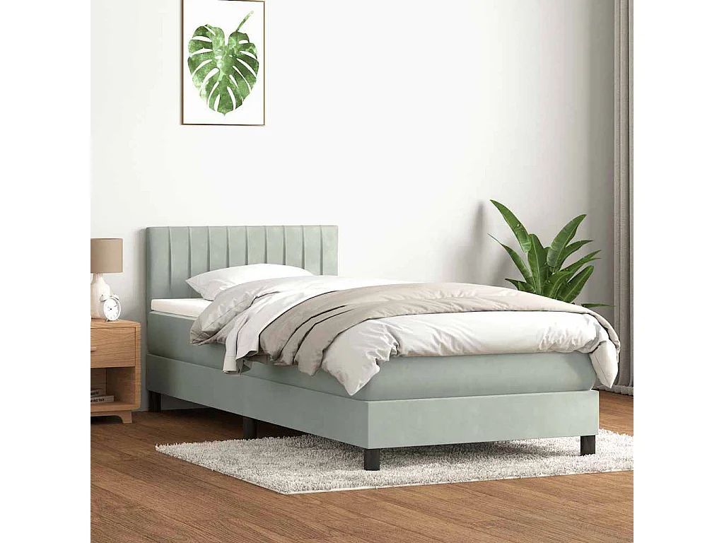 Cama box spring con colchón terciopelo gris claro 80x210 cm