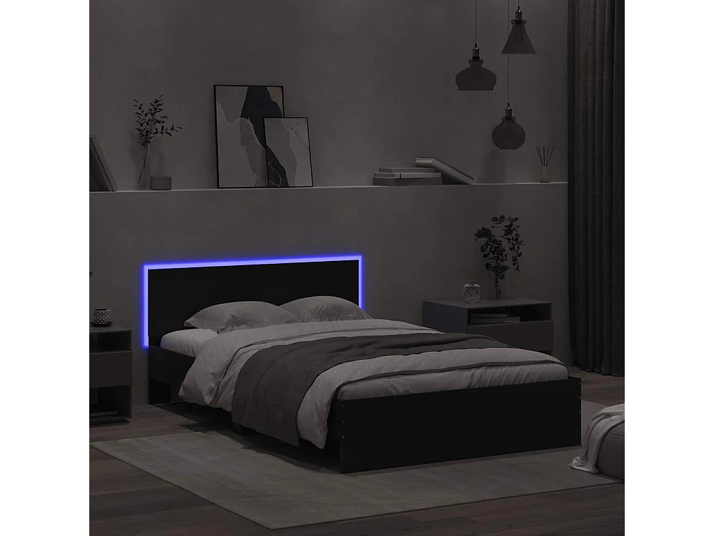 Estrutura de cama com cabeceira e luzes LED 140x190 cm preto