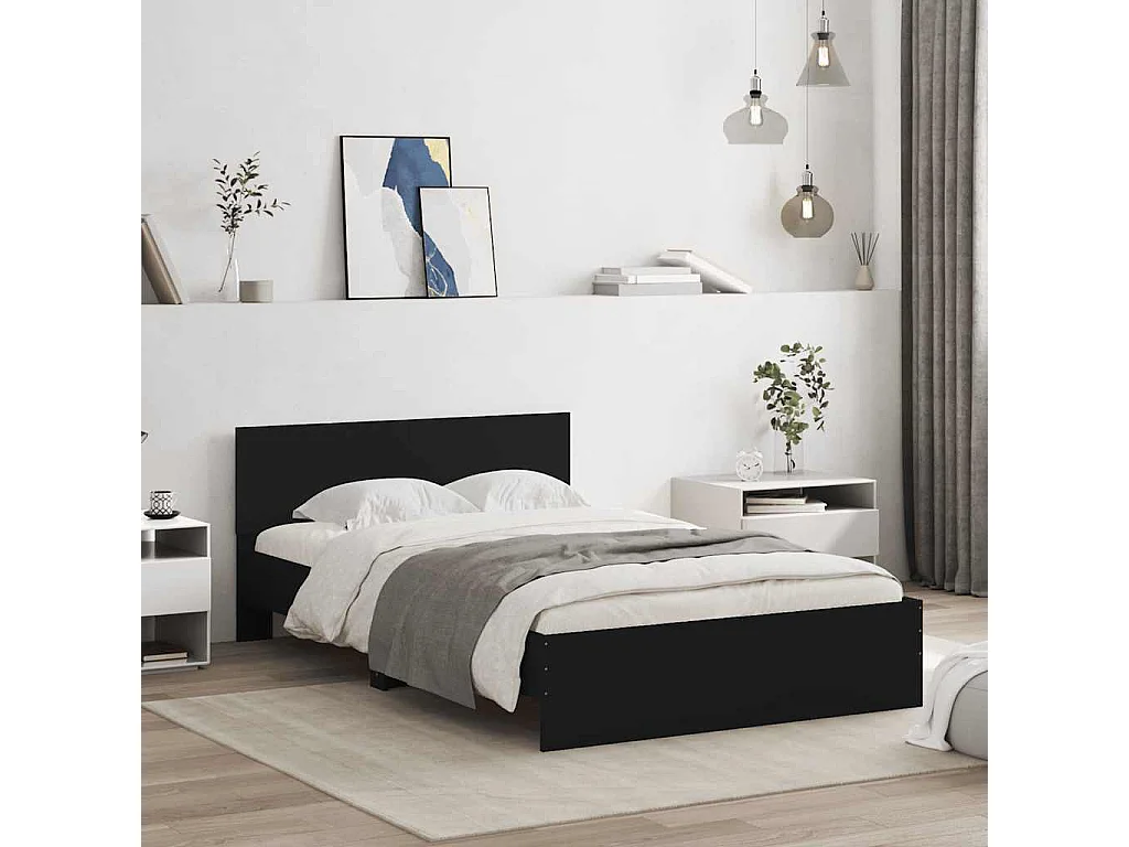 Estrutura de cama com cabeceira e luzes LED 140x190 cm preto