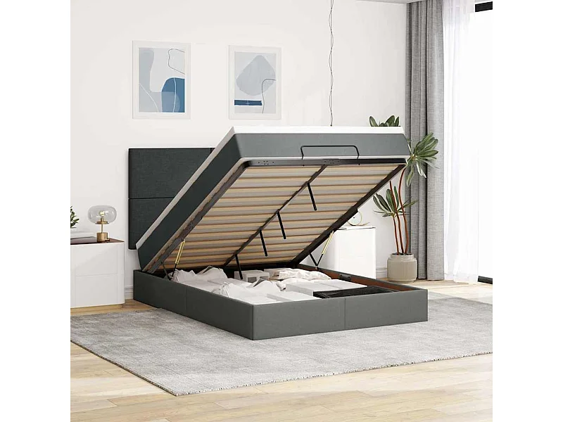 Cadre de lit ottoman avec matelas gris foncé 140x190 cm tissu