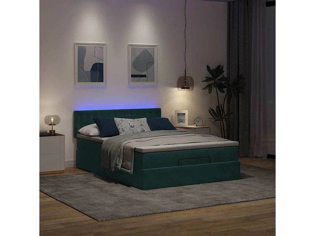 Cadre de lit ottoman avec matelas vert foncé 140x200 cm velours