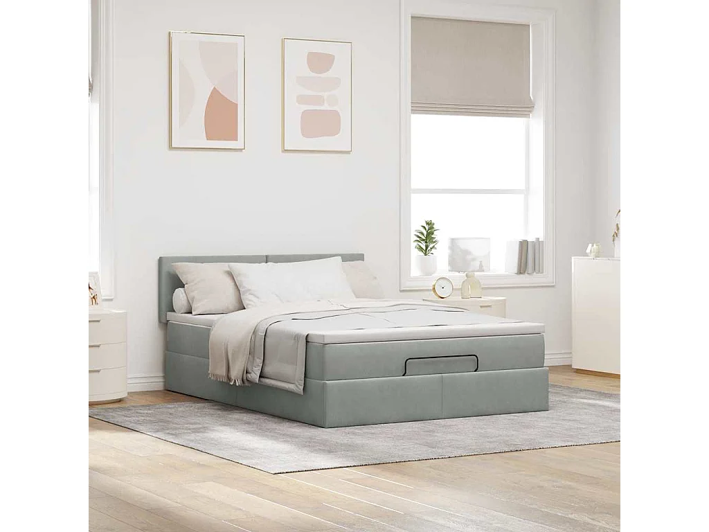 Estructura cama otomana colchón terciopelo gris claro 140x190cm