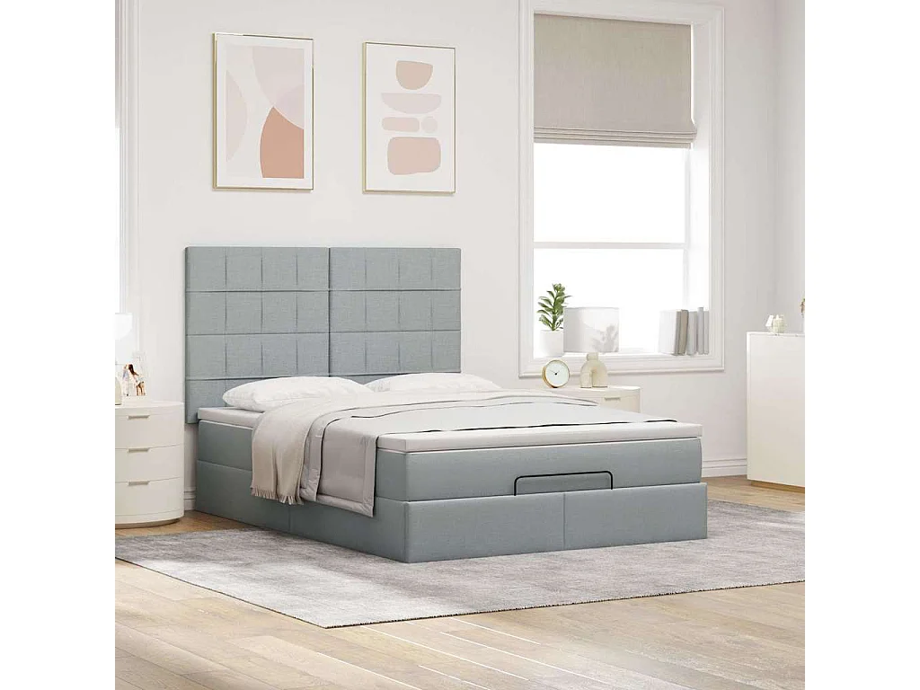 Cadre de lit ottoman et matelas gris clair 140x190 cm tissu