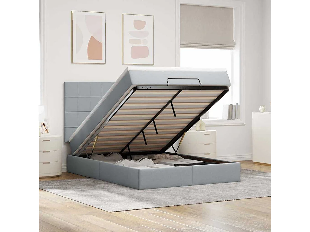 Cadre de lit ottoman et matelas gris clair 140x190 cm tissu