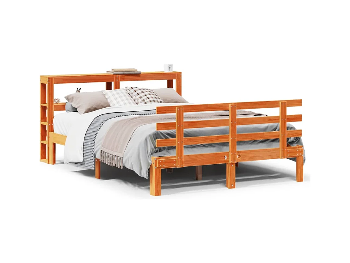 Estrutura cama com cabeceira 140x190cm pinho maciço castanho-mel