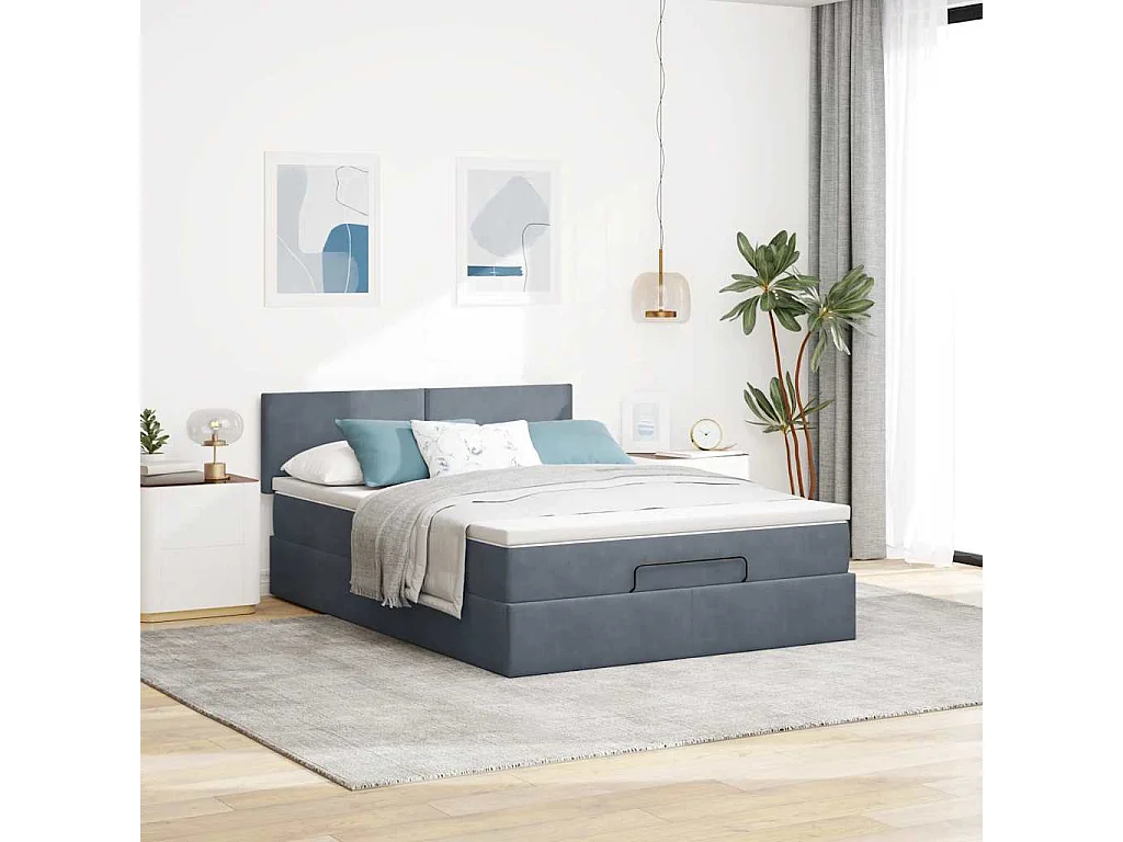 Cadre de lit ottoman avec matelas gris foncé 140x200 cm velours