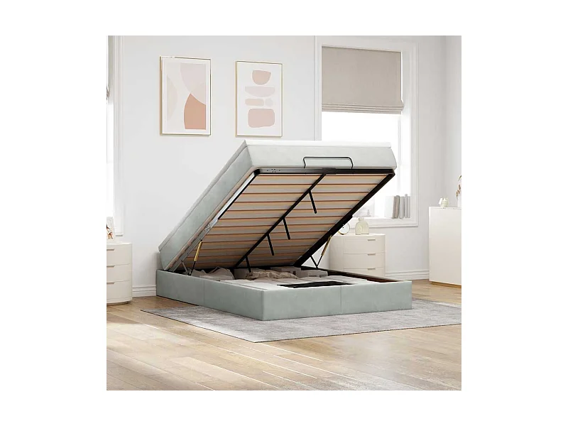 Cadre de lit ottoman et matelas gris clair 140x190 velours