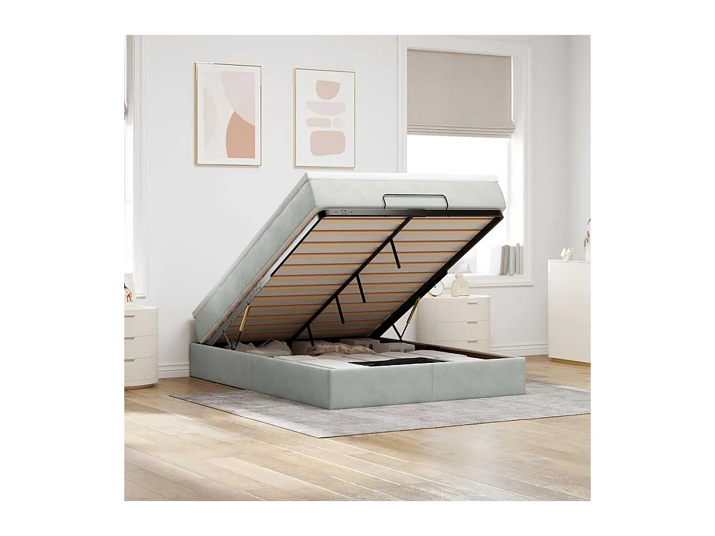 Cadre de lit ottoman et matelas gris clair 140x190 velours