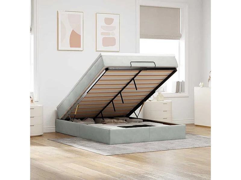 Estructura cama otomana colchón terciopelo gris claro 140x190cm