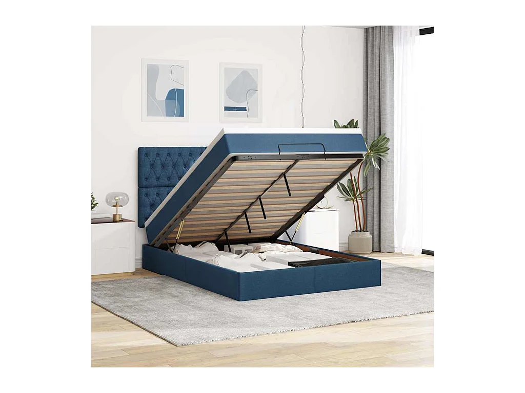 Estructura de cama otomana con colchón tela azul 140x190cm