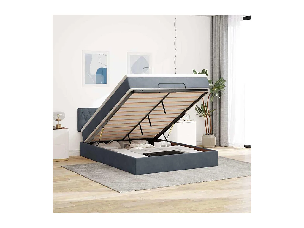 Cadre de lit ottoman avec matelas gris foncé 140x200 cm velours