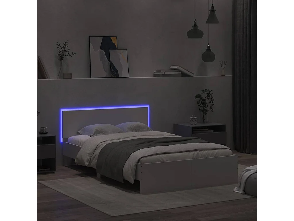 Estrutura de cama com cabeceira e luzes LED 140x200 cm branco