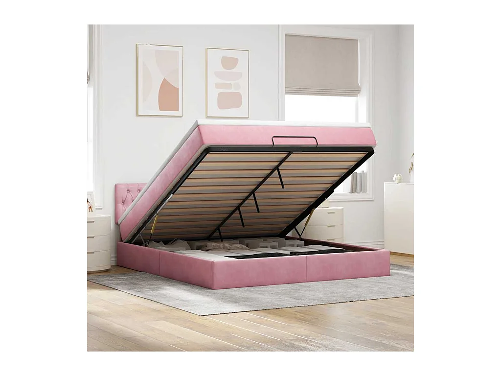 Estructura cama otomana con colchón terciopelo rosa 160x200 cm