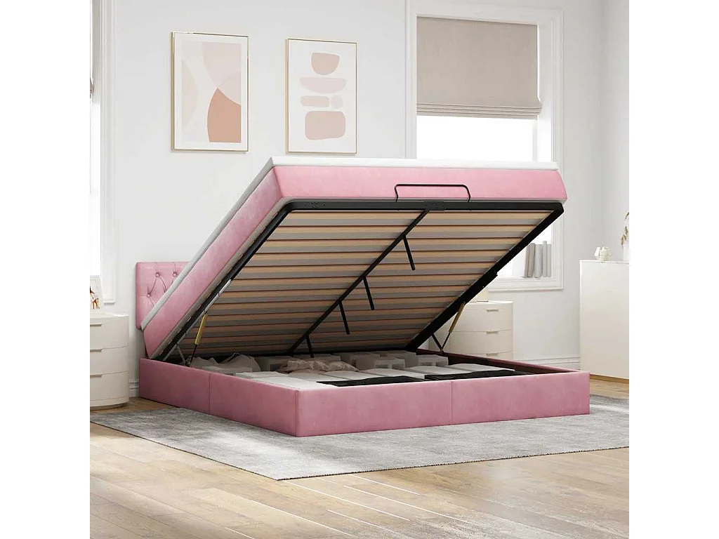 Estructura cama otomana con colchón terciopelo rosa 160x200 cm