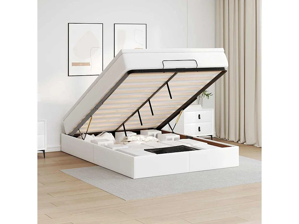 Cadre de lit ottoman avec matelas blanc 140x190 cm similicuir