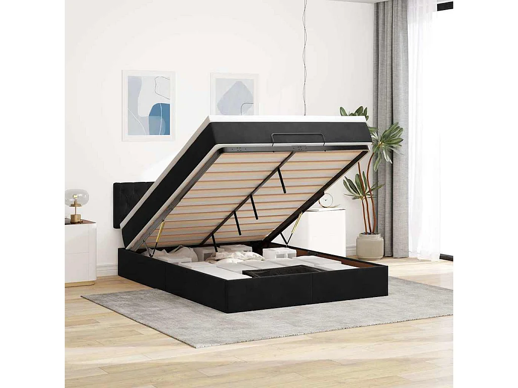 Cadre de lit ottoman avec matelas noir 140x190 cm velours