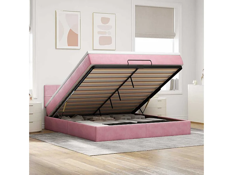 Estructura cama otomana con colchón terciopelo rosa 160x200 cm