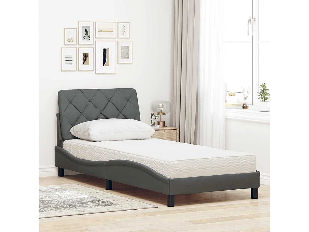 Cama com colchão 90x200 cm tecido cinzento-escuro
