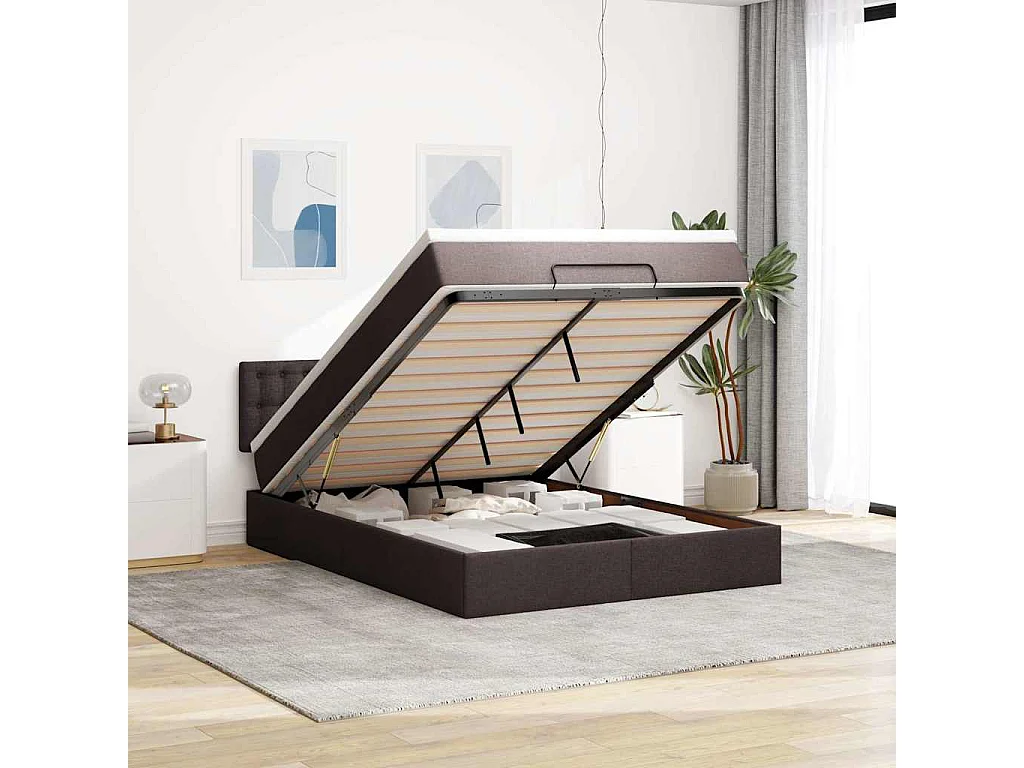 Cama otomana con colchón marrón oscuro 140x190 cm tela