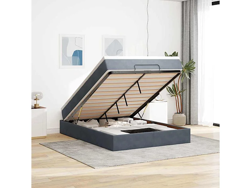 Cadre de lit ottoman avec matelas gris foncé 140x190 cm velours