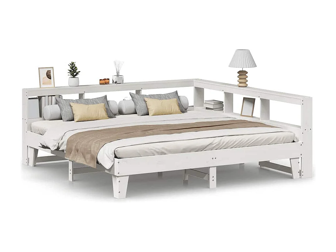 Lit bibliothèque sans matelas blanc 200x200 cm bois pin massif