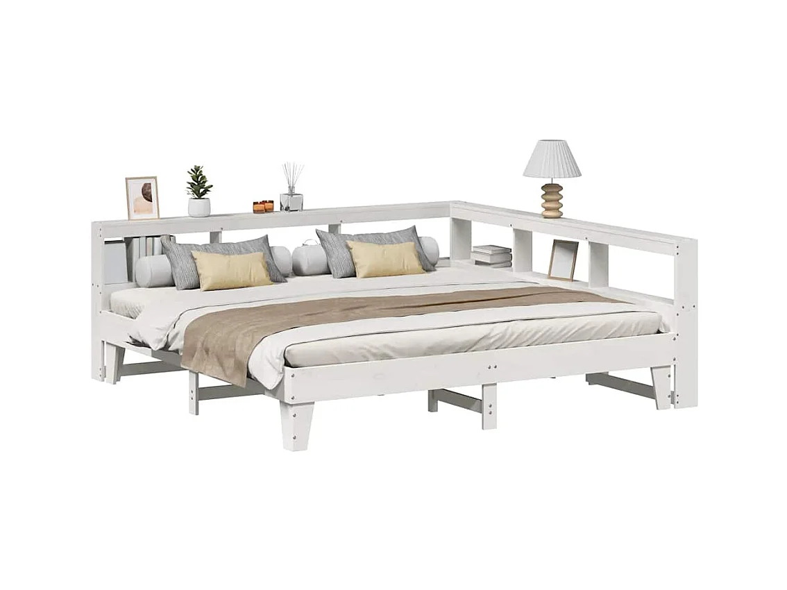 Lit bibliothèque sans matelas blanc 200x200 cm bois pin massif