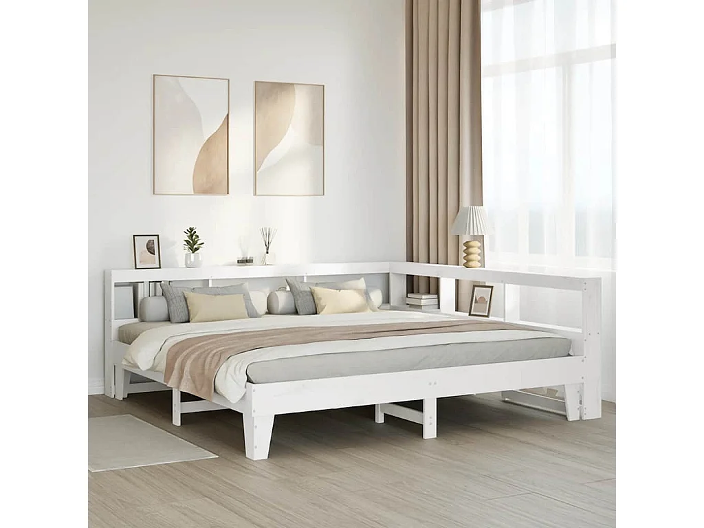 Lit bibliothèque sans matelas blanc 200x200 cm bois pin massif