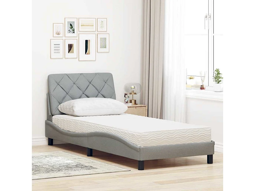 Lit avec matelas gris clair 90x200 cm tissu