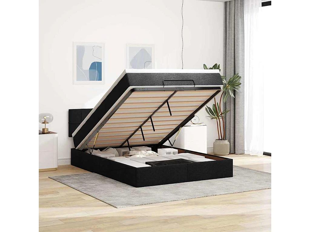 Estructura cama otomana colchón tela negra 140x190 cm