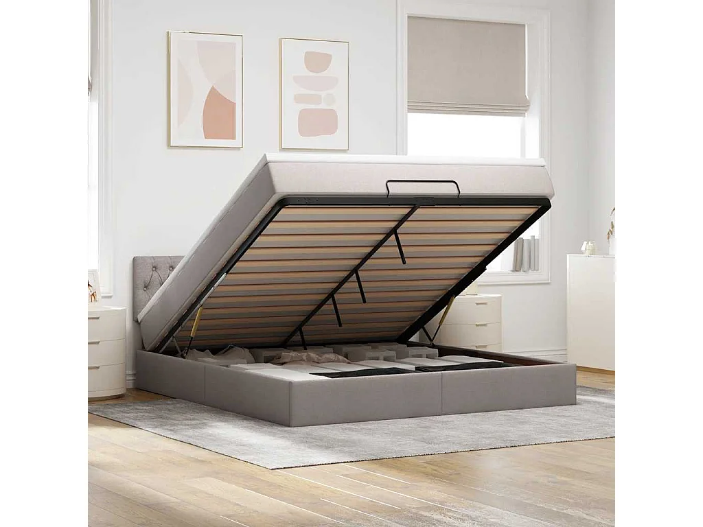 Cadre de lit ottoman avec matelas taupe 180x200 cm tissu