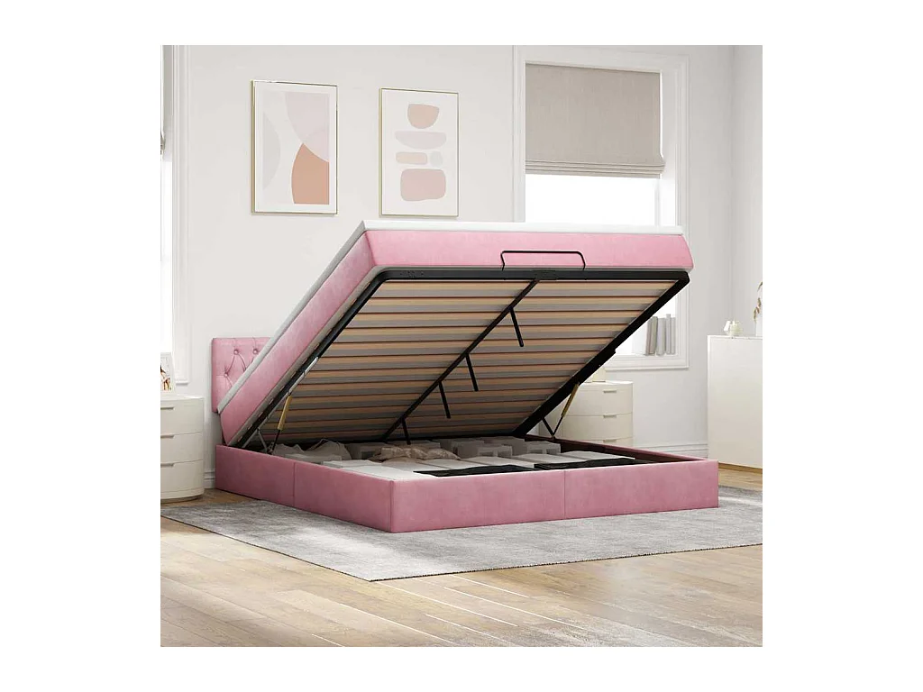 Estructura cama otomana con colchón terciopelo rosa 160x200 cm