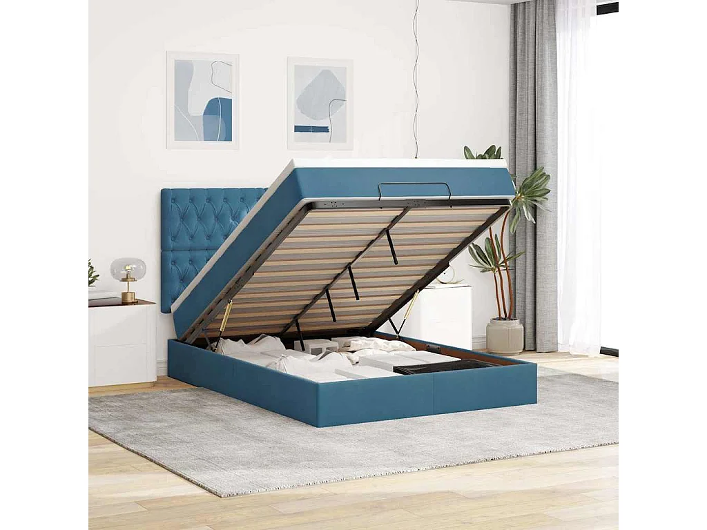 Estrutura cama otomana colchões 140x190 cm veludo azul escuro