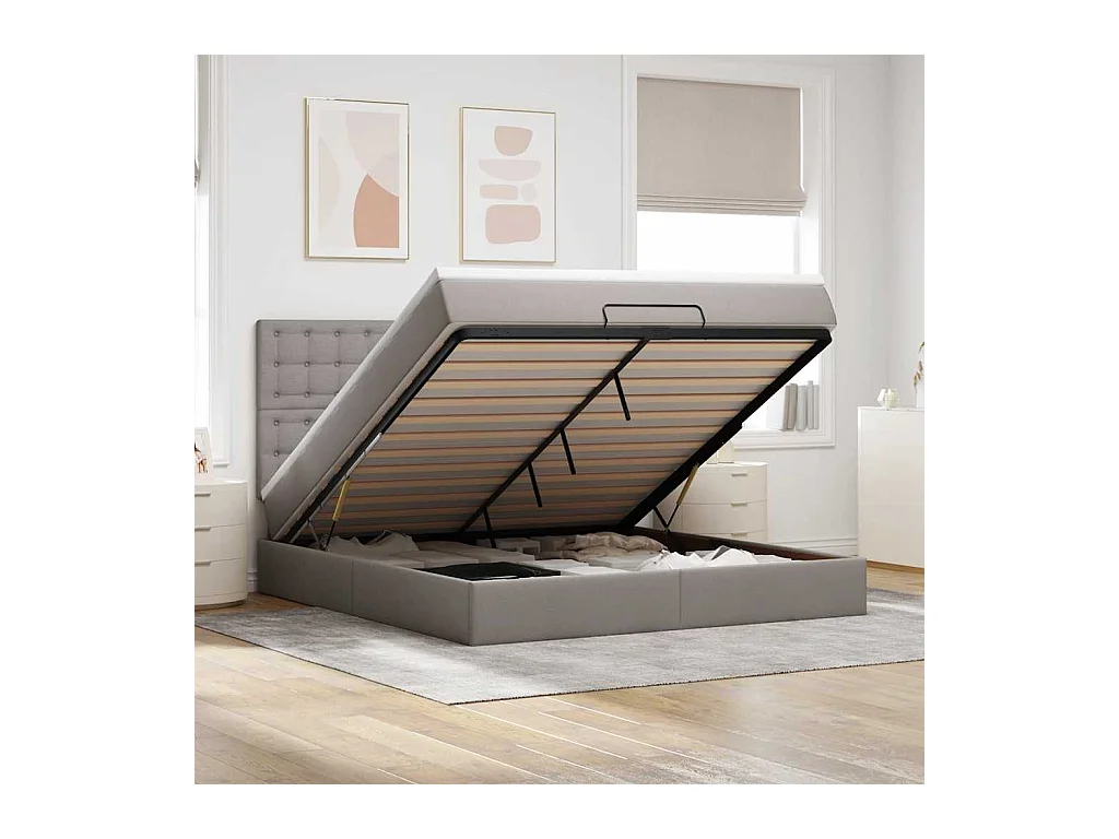 Cadre de lit ottoman avec matelas taupe 180x200 cm tissu