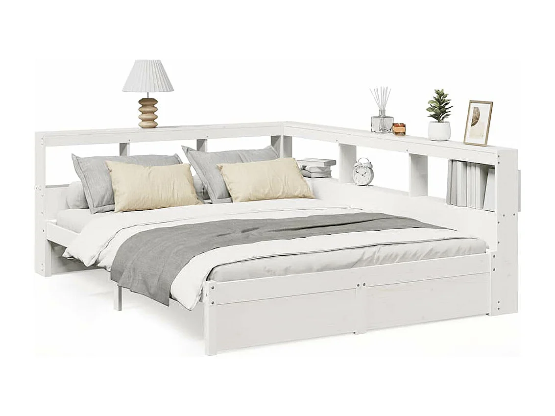 Cama con estantería sin colchón madera maciza blanca 140x190 cm