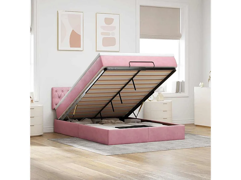 Estructura cama otomana con colchón terciopelo rosa 140x190 cm